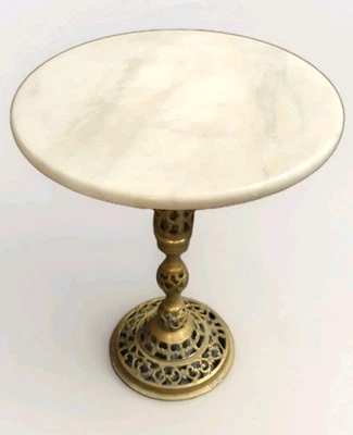 复古圆形大理石和穿孔黄铜边桌植物支架 Holywood Regency — 第 1/4 张图片