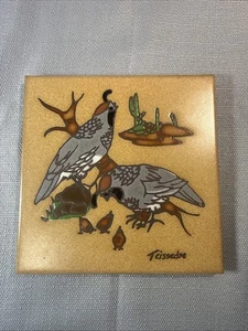 Vintage 1991 Cleo Teissedre Southwest Art Tile Trivet 6" Desert Quails Family - Picture 1 of 5