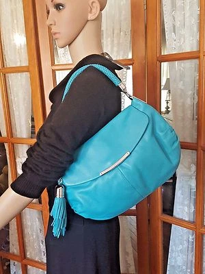 COLE HAAN Shoulder Bag Purse Braided Strap Turquoise Suede Lined CollectionSP05  - Image 1 of 4