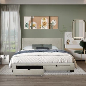 Corduroy Velvet Queen Bed with Storage, No Box Spring Needed - Beige - Picture 1 of 11