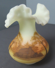 Vintage Frosted Fenton Fluted Vase - Hand Painted by D Anderson  Log Cabin d4 pp