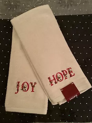 Plush Bath Hand Towel Set Of 2 Ivory Embroidered W/ “Hope & Joy” 24” X 16” NWT - Image 1 of 3