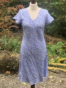Womens Tea Dress Blue Linen Floral Short Sleeve Size 12 - Picture 1 of 4