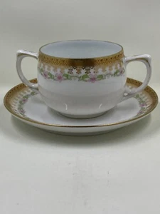 Antigua taza de té y platillo de doble mango MZ Austria pintados a mano - Imagen 1 de 9