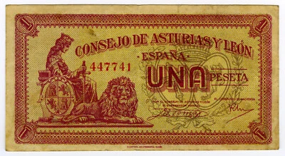 # SPAIN CIVIL WAR 1937 •  1 PESETA ASTURIAS Y LEON ☆ GUERRA CIVIL ESPAÑOLA☆D0632 - Image 1 of 2