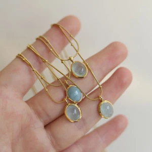 Natural Aquamarine Stone Oval Pendant 18K Gold Plated Minimalist Dainty Necklace - Picture 1 of 7