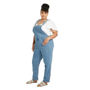 Ava & Viv Women's 22W Medium Blue Wash Denim Jean Side Zipper Classic Overalls - Picture 1 of 11