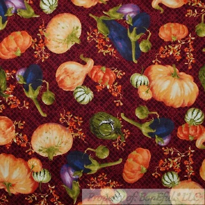 BonEful Fabric FQ Cotton Quilt VTG Red Pumpkin Purple Egg Plant Garden Vegetable - Image 1 of 4