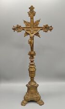 Antico Crocifisso Croce Da Tavolo Da Altare In Metallo Bronzo Oro Fine 1800 XIX