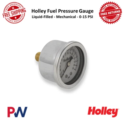 Holley Fuel Pressure Gauge Liquid-Filled Mechanical 0-15 PSI Chromed Steel Case - Image 1 of 4