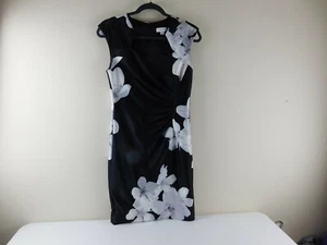 CALVIN KLEIN Women's 4 Lined Gathered Black Dress with White & Gray Flowers EUC - Picture 1 of 7