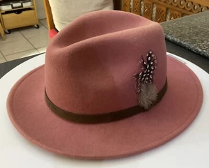 Hawkins BOHO Hippy Dusky Pink Rose Wool 57cm Fedora Hat Feather Detail Festival - Picture 1 of 14