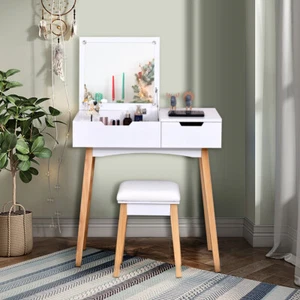 Flip Top Mirror Vanity Makeup Table Cushioned Stool Set Utility Writing Desk - Picture 1 of 7