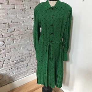 80s Adele Simpson Dress Silk Green Black Print Long Sleeve Pleated Hem Belted 14 - Picture 1 of 4