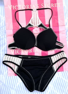 Victorias Secret Crochet Detail Swimsuit Black/Ivory 36B/Large - Picture 1 of 3