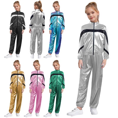 Boys Girls Hip Hop Street Dance Outfits Shiny Metallic Bomber Jacket and Pants - Image 1 of 3