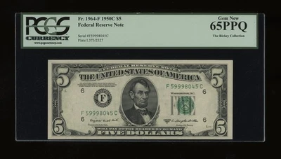 DBR 1950-C $5 FRN Atlanta Gem Fr. 1964-F PCGS 65 PPQ Serial F59998045C - Image 1 of 2