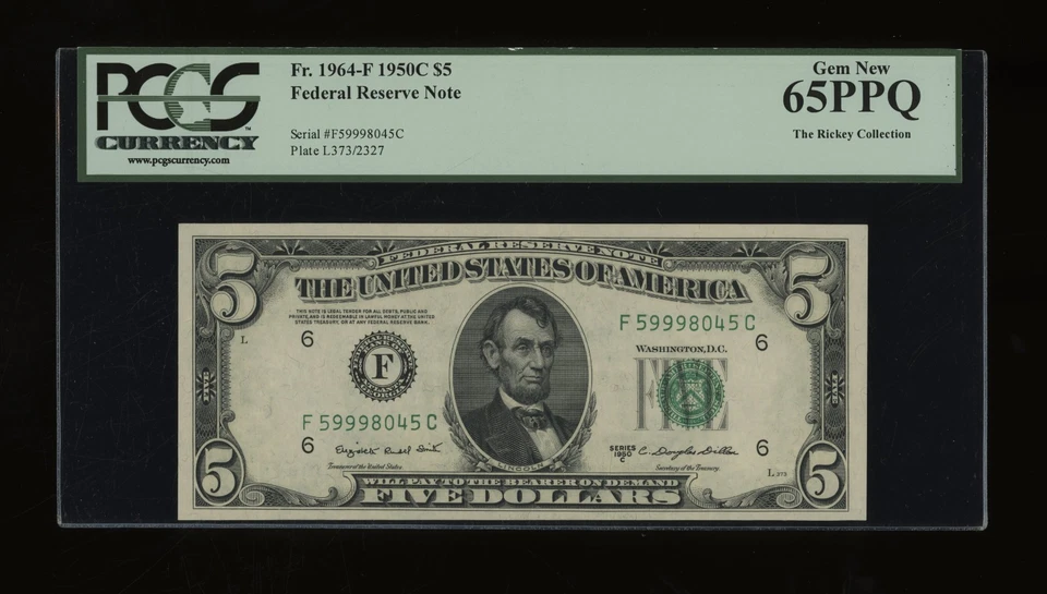 DBR 1950-C $5 FRN Atlanta Gem Fr. 1964-F PCGS 65 PPQ Serial F59998045C - Image 1 of 2