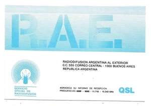 QSL Radiodifusion Argentina al Exterior Buenos Aires R.A.E. Schild Campos DX von 1989 - Bild 1 von 1