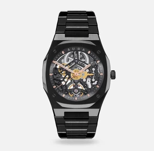 NEU - Aura LIMITED EDITION Skeleton 002: BLACK Steel/Selbstaufzug UHR mit Box - Bild 1 von 10