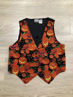 Vintage 90s Halloween Vest Pumpkin Jack-O-Lantern Print Basic Editions Large - Image 1 of 4