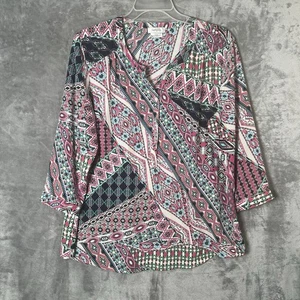 Women's White Floral Blouse Size 1X  Black Stripes Roll Up Sleeve - Picture 1 of 8