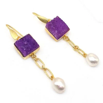 Pendiente de cadena de eslabones de joyería chapado en oro con piedras preciosas druzy de titanio púrpura 2" p986 Foto 1 de 4