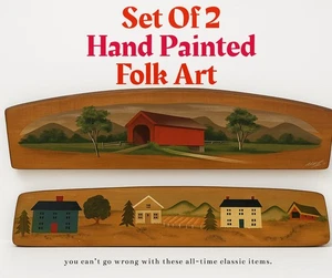 Vintage handbemalte Volkskunst rot überdachte Brückenszene auf Holz - Bild 1 von 22