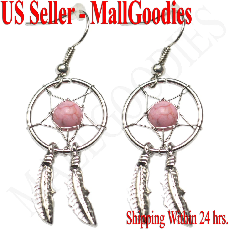 Pendientes atrapasueños rosa E002 diseño plumas cuentas forma color Foto 1 de 1