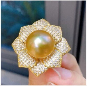Gorgeous Huge AAA 12-13mm Genuine Natural South Sea Golden Stud Pearl Ring 925s - Picture 1 of 6