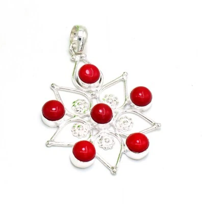 Colgante de joyería de plata de ley 925 hecho a mano con piedras preciosas de coral rojo talla 2,2"" Foto 1 de 4