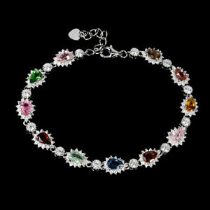 Natural Pear Tourmaline 6x4mm Simulated Cz Gemstone 925 Sterling Silver Bracelet