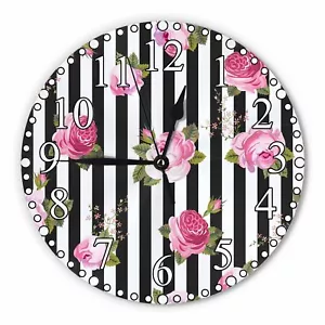 Pink Roses Wall Clock 10 Inch Battery Operated Flower Blossom Floral Stripe C... - Picture 1 of 7