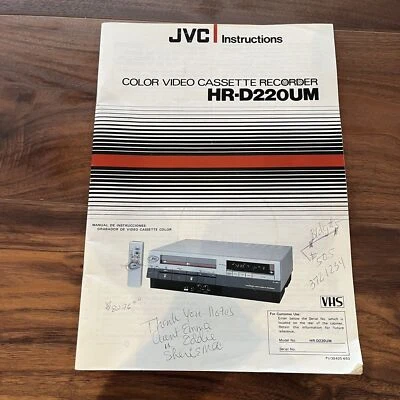 JVC HR-D22OUM Color Video Cassette Recorder Instructions Owners Manual - Image 1 of 2