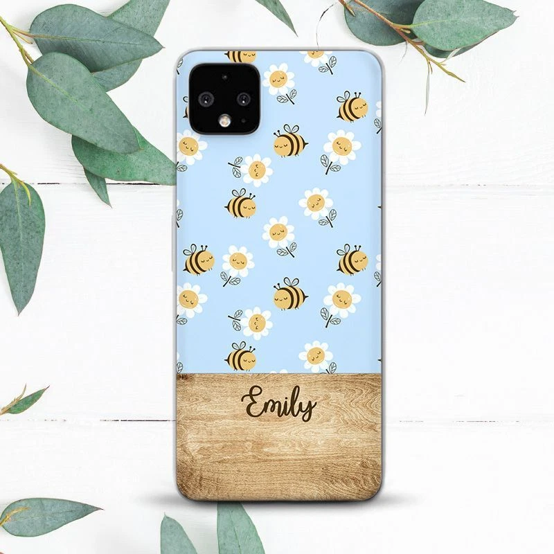 Custom Name Wood Bees Flowers Cute Case For Google Pixel 2 3 3a 4 4a 5 6 7 8 XL - Image 1 of 1
