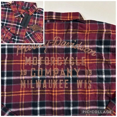 Harley-Davidson Embroidered Men's 4XL Burgundy & Black Plaid Button L/S Shirt - Image 1 of 4