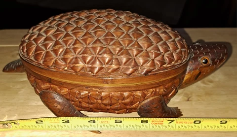 Vintage Rattan Turtle Basket Jewlry Chest Box. Orange eyes Cover