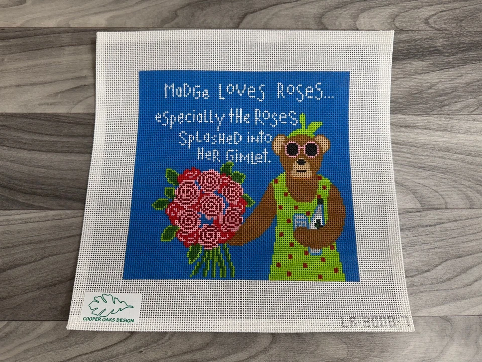 COOPER OAKS MEDGE THE BEAR HANDPAINTED NEEDLEPOINT CANVAS LOVES ROSES - Image 1 of 1