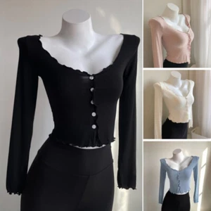 Damen Strick Crop Top V-Ausschnitt Rüschen Cardigan Slim Fit Shirt Knopf Bluse - Bild 1 von 15