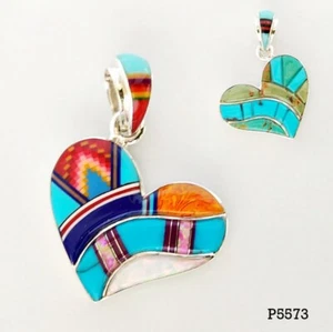 Lovely Reversible Turquoise Lapiz Spiny Opal Channel .925 Silver Heart Pendant - Picture 1 of 3