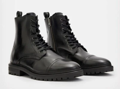 AllSaints $359 Hombres Piero Combat Botines en Cuero Negro Talla US 13/EU 46 Foto 1 de 4