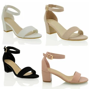 Ladies Womens Block Low Heel Ankle Strap Peep Sandals Shoes Open Toe Mid Summer - Picture 1 of 5