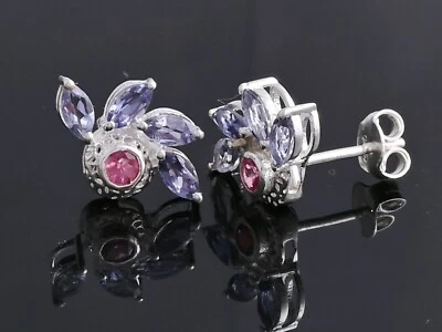 Multi Stone Multi Color Earrings, Blue Iolite Studs, Pink Tourmaline Earrings - Image 1 of 4