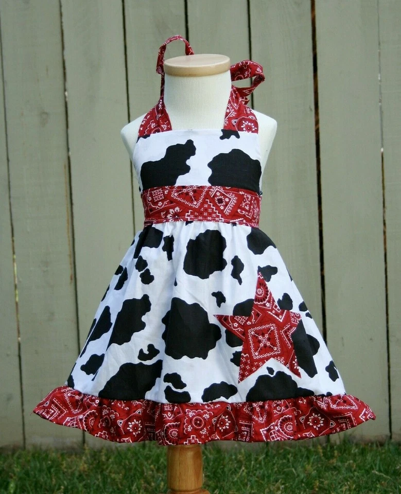 Vestido Western Wear Country estampado vaca rojo bandana niña granja Foto 1 de 1