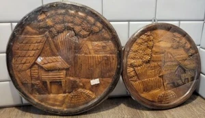 Beautiful Wood Art! Two Vintage Carved Wall Hangings Tropical Huts and Foliage. - Picture 1 of 13