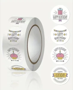 500 pcs Sticker Roll 4 Various Happy Birthday Designs Semi Gloss Self Adhesive - Picture 1 of 2