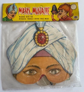 Maschera turbante e baffi vintage NOS anni 60 carta costume Halloween travestimento giocattolo - Foto 1 di 5