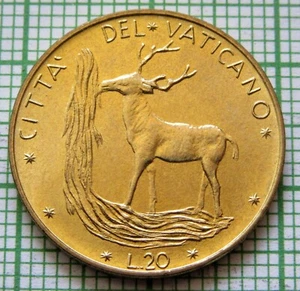 VATICAN PAUL PAVLVS VI Yr. 10 - 1972 20 LIRE, RED DEER by WATERFALL UNC km# 120 - Picture 1 of 6