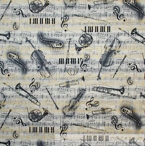 BonEful Fabric FQ Cotton Quilt B&W White Black Gold Metallic Trumpet Music Note - Picture 1 of 9