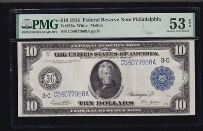 US 1914 $10 FRN Philadelphia Note FR 915A PMG 53 EPQ Ch AU (968) - Image 1 of 2